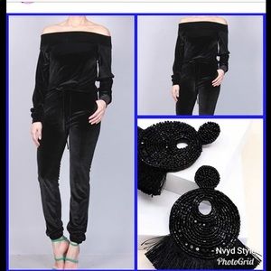 Velvet, off shoulder jumpsuit
